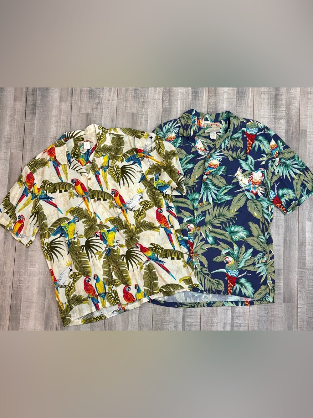 Vintage 90s Paradise Found Hawaiian Shirts Lot Of 2 Large Parrots Floral Rayon